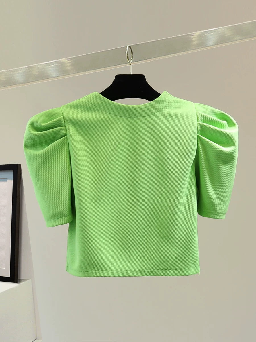 Small square collar bubble short sleeve top 2025 summer Korean version slim high waist short solid color casual versatile T-shirt