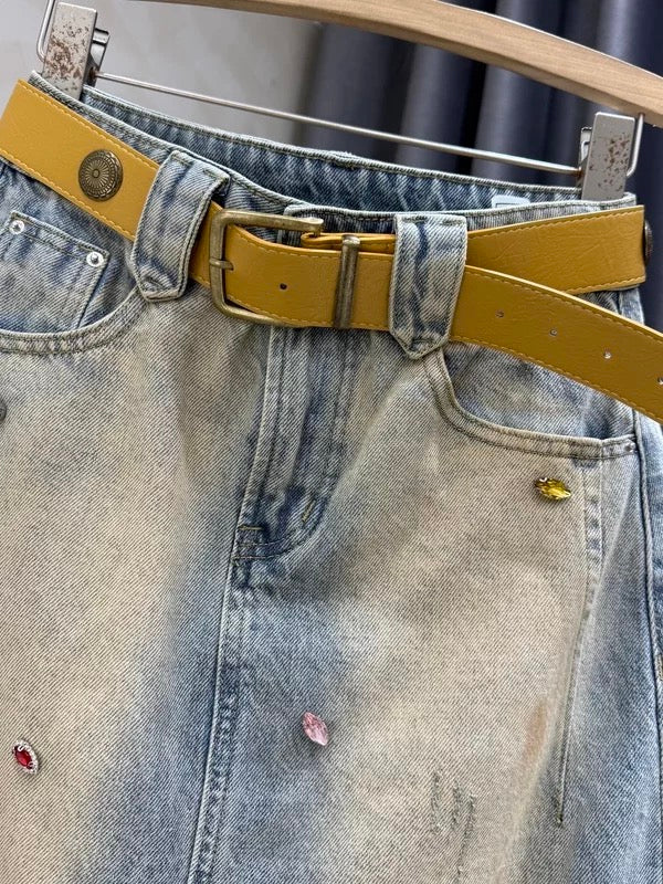 Retro-style high-waisted durable denim midi skirt with slits, new summer 2026 style, handmade rhinestone A-line maxi skirt, Instagram style.