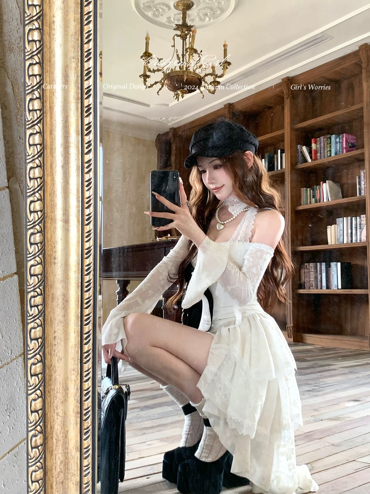 Catyears Year of the Cat Heartbeat Hunter ~ Lace Long Sleeve Dress 2024 Autumn Trailing Design Hip Skirt