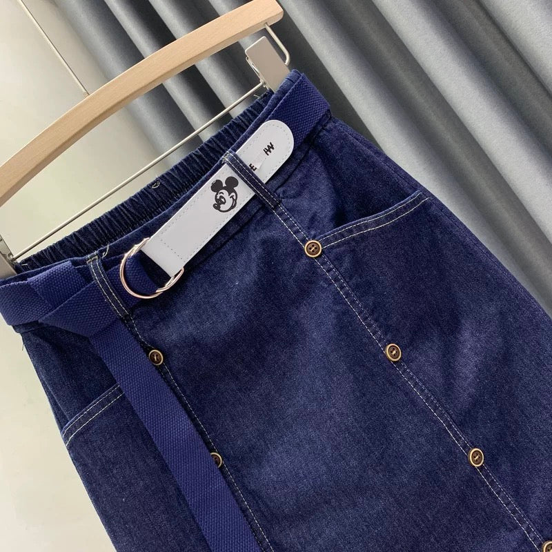 Dark blue denim midi skirt, women's style, elastic waist, slimming double-breasted A-line skirt, high-waisted, bodycon skirt.