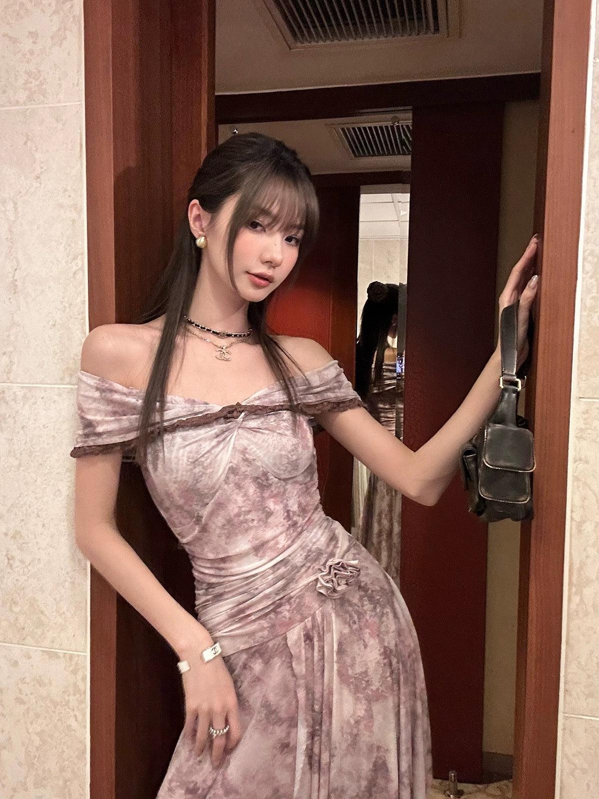 IMMR one-shoulder irregular purple-pink skirt dress summer new French retro bow dress