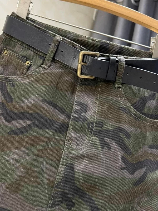 Korean retro sexy camouflage irregular denim midi skirt, women's high-waisted slimming workwear long skirt