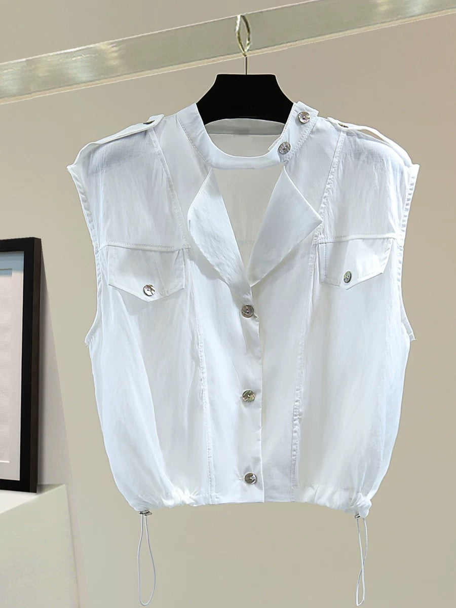 Drawstring waist sleeveless chiffon sunscreen shirt summer Korean version high waist short stand collar thin straight women's shirt trendy