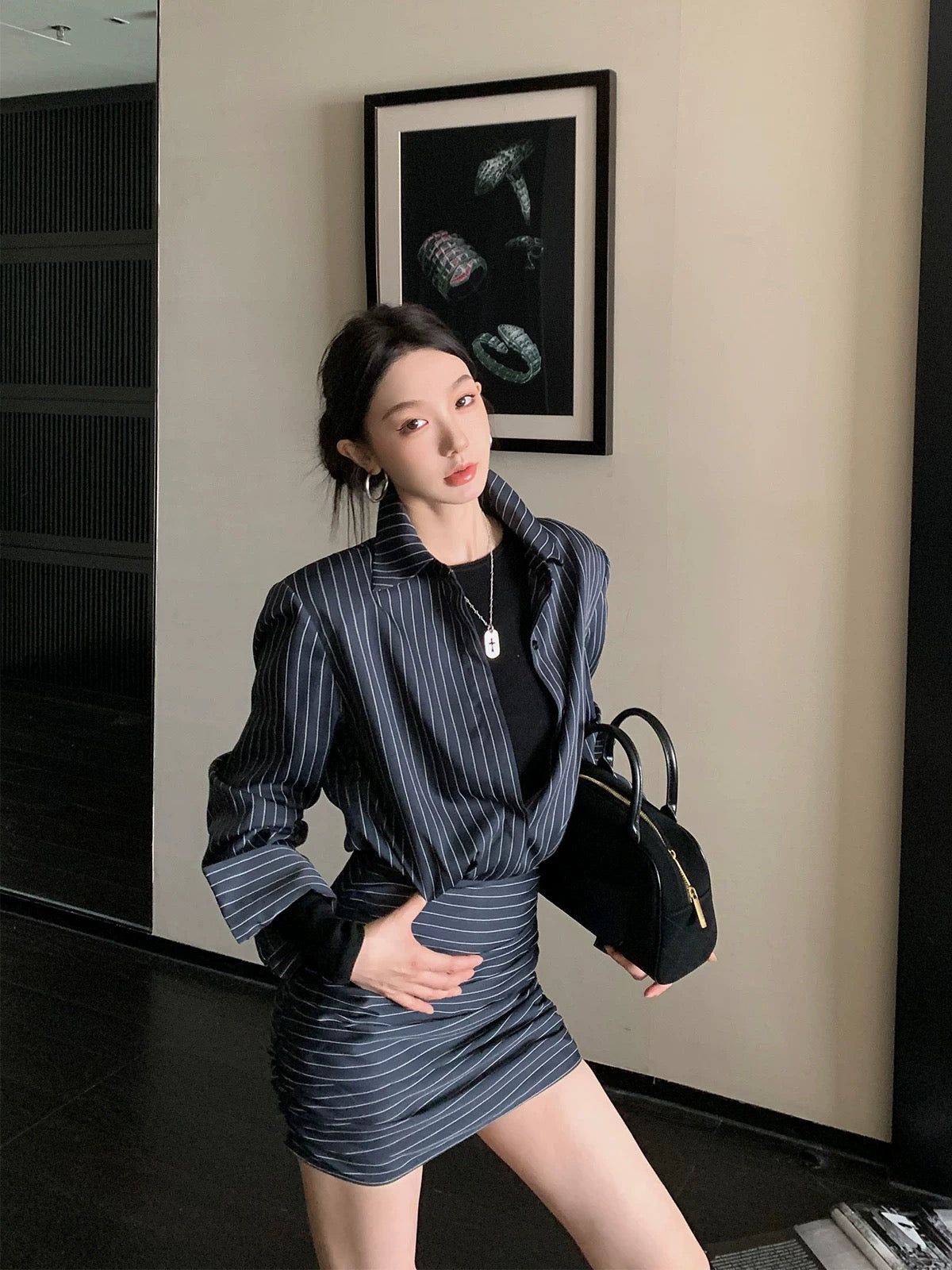 Only Ouyang Striped Long Sleeve Shirt Dress Women's Autumn New Style Waist Slim Slim Retro Hip Skirt