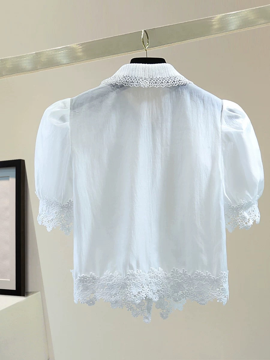 Small rhinestone button puff sleeve shirt 2025 summer high waist short lace lace splicing short sleeve shirt trend