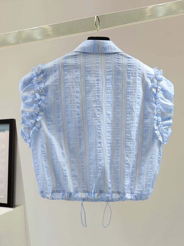 Small ruffled patchwork short-sleeved shirt 2025 summer Korean version of slim high waist short drawstring waist shirt