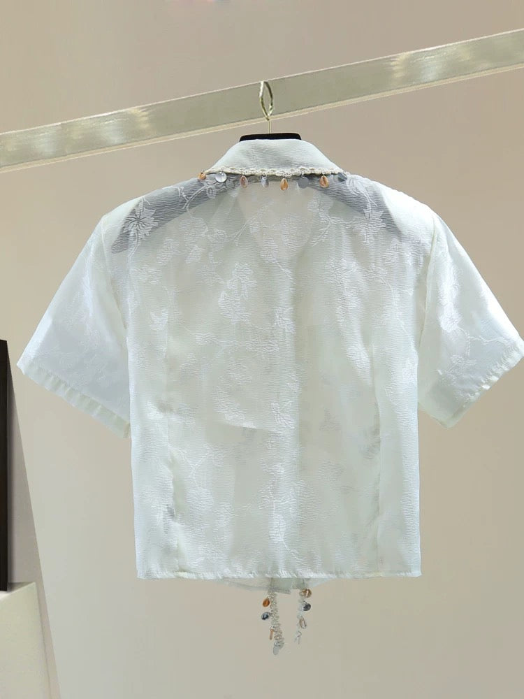 Shell decoration tassel print short-sleeved chiffon shirt summer Korean version of high waist short embroidered sequins straight shirt trend