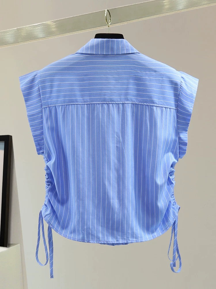 Small striped flying sleeve shirt 2025 summer Korean version of high waist short wood ear edge drawstring pleated shirt trend