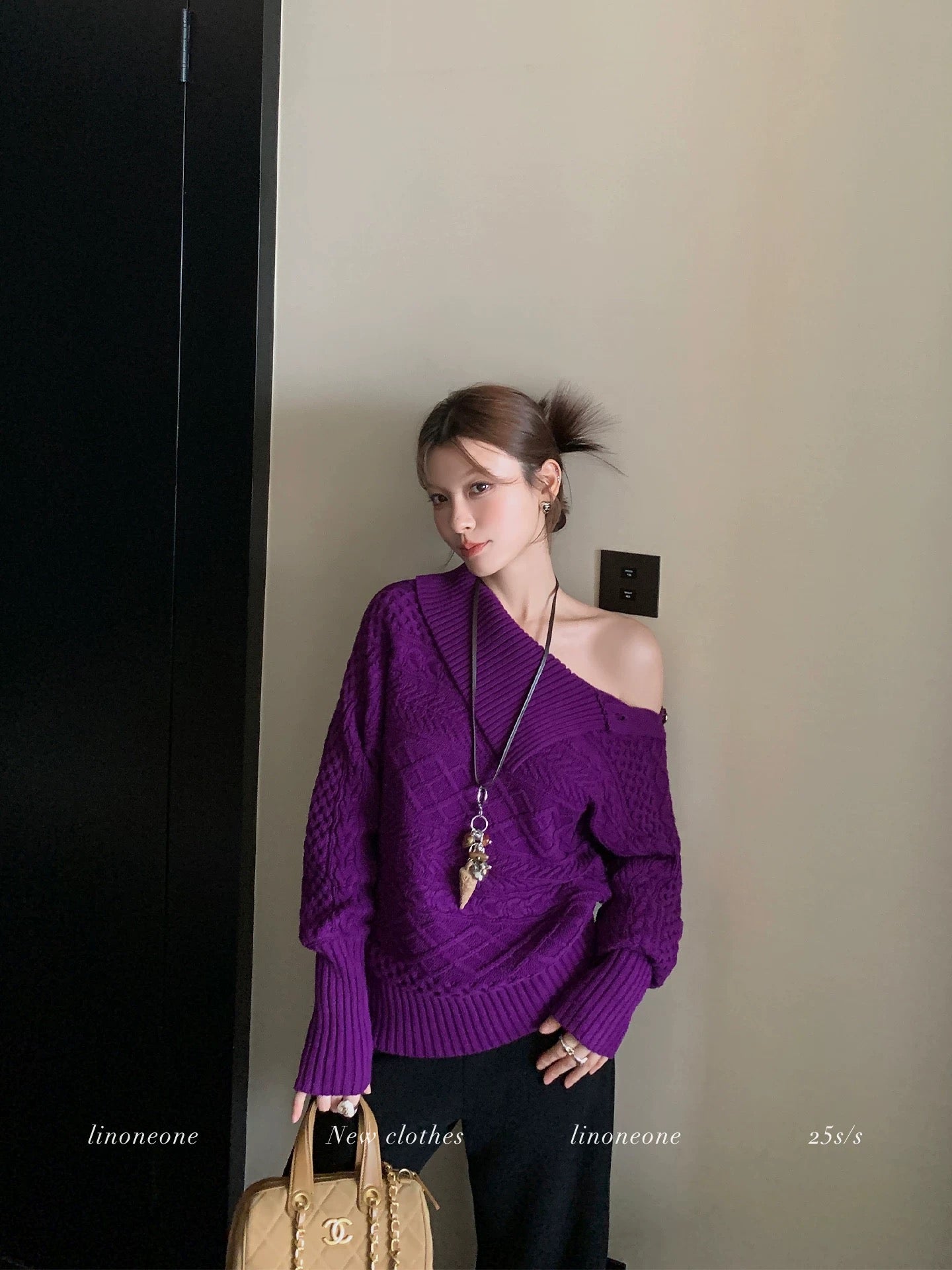LINONEONE Romantic Balmain Atmosphere Versatile Off-Shoulder Fitted Waist Cable Knit Sweater