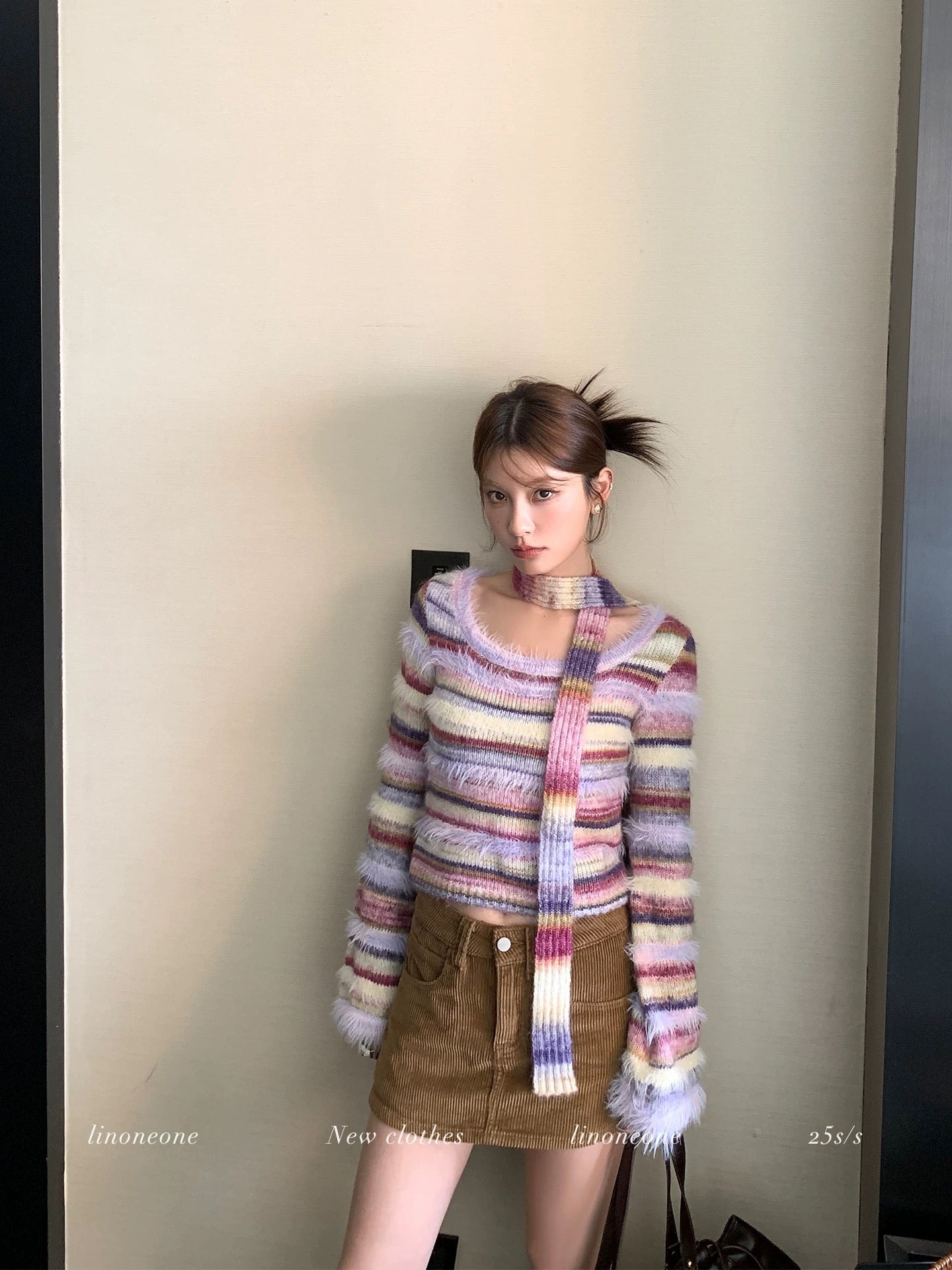 LINONEONE Taro Crepe Sweater - Sweet and Relaxed Purple Striped Pullover Sweater (with Small Scarf)