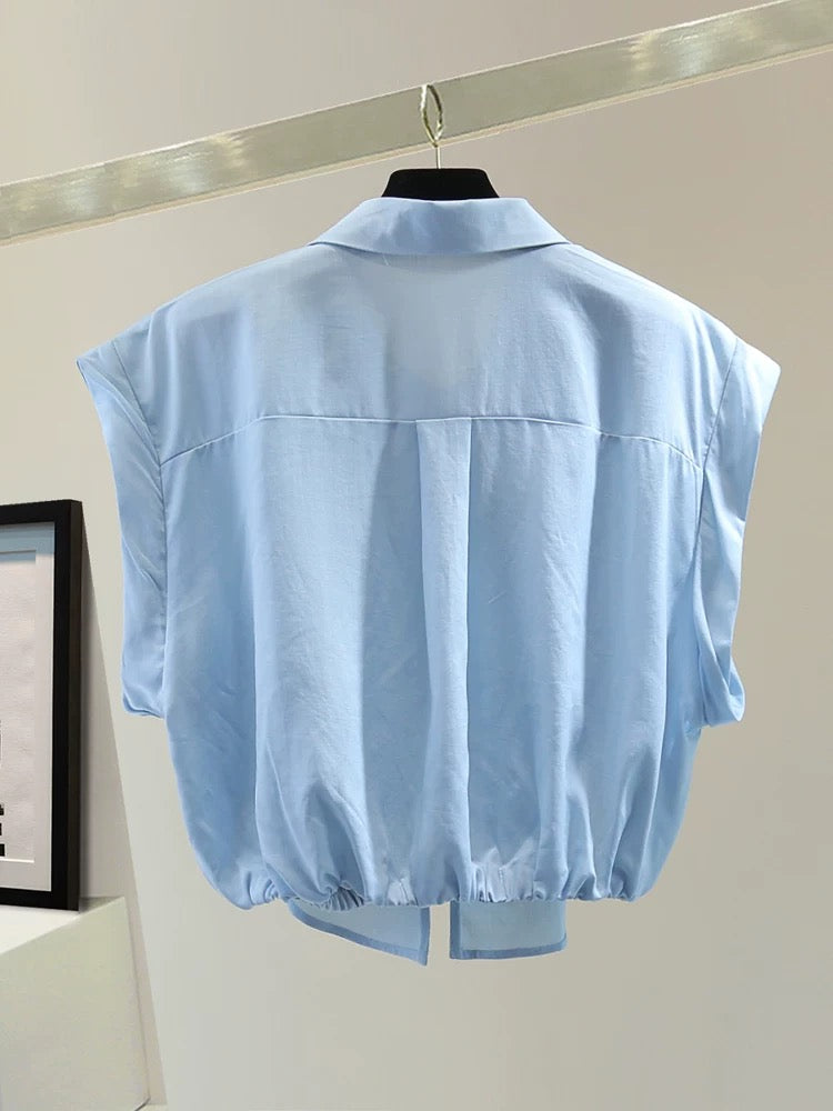 Small irregular sleeveless shirt 2025 summer Korean version slim high waist short double zipper solid color shirt trend