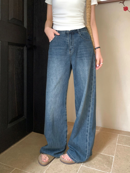 pusumede Retro Blue Straight Jeans Women's Summer 2024 Loose Slim Casual Wide Leg Floor-Mopping Pants