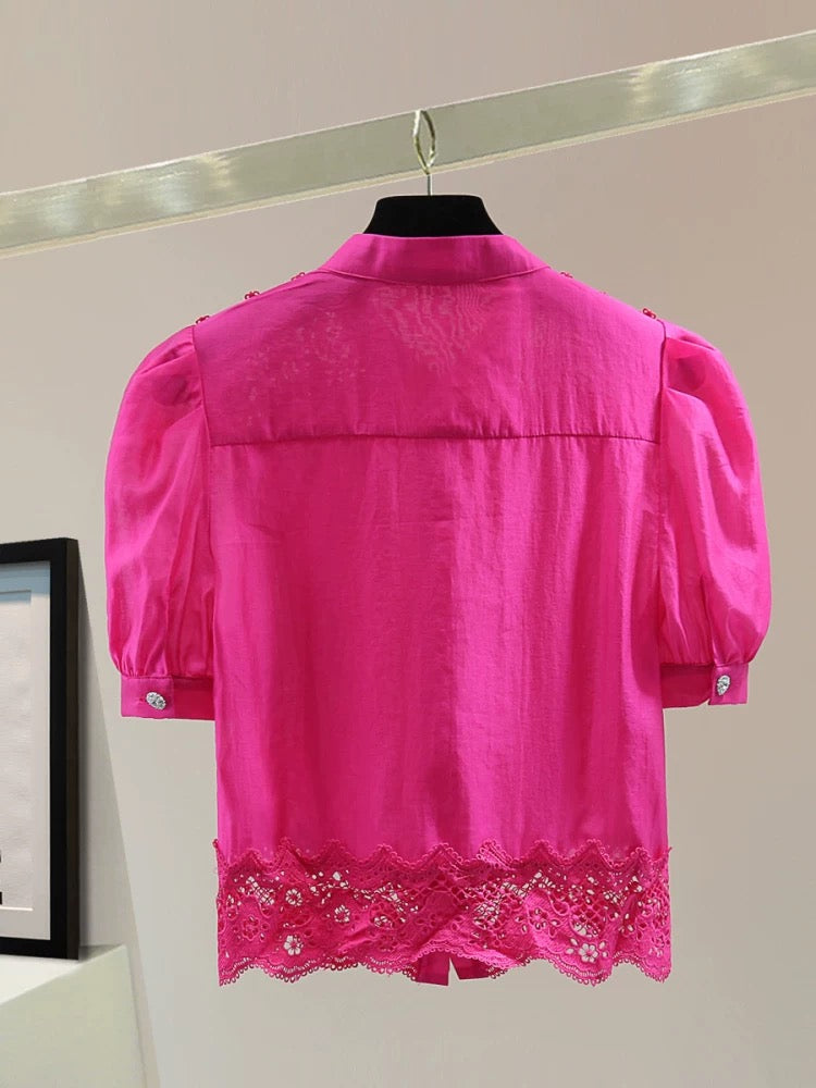 Small lace splicing short-sleeved shirt 2025 summer high waist short hollow embroidery puff sleeve chiffon shirt trend