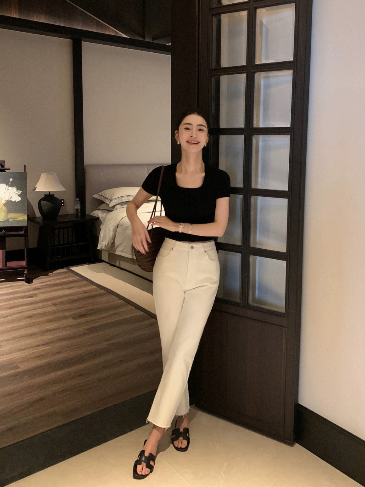 pusumede white straight jeans for women summer 2024 high waist slim raw edges loose casual nine-point cigarette pants