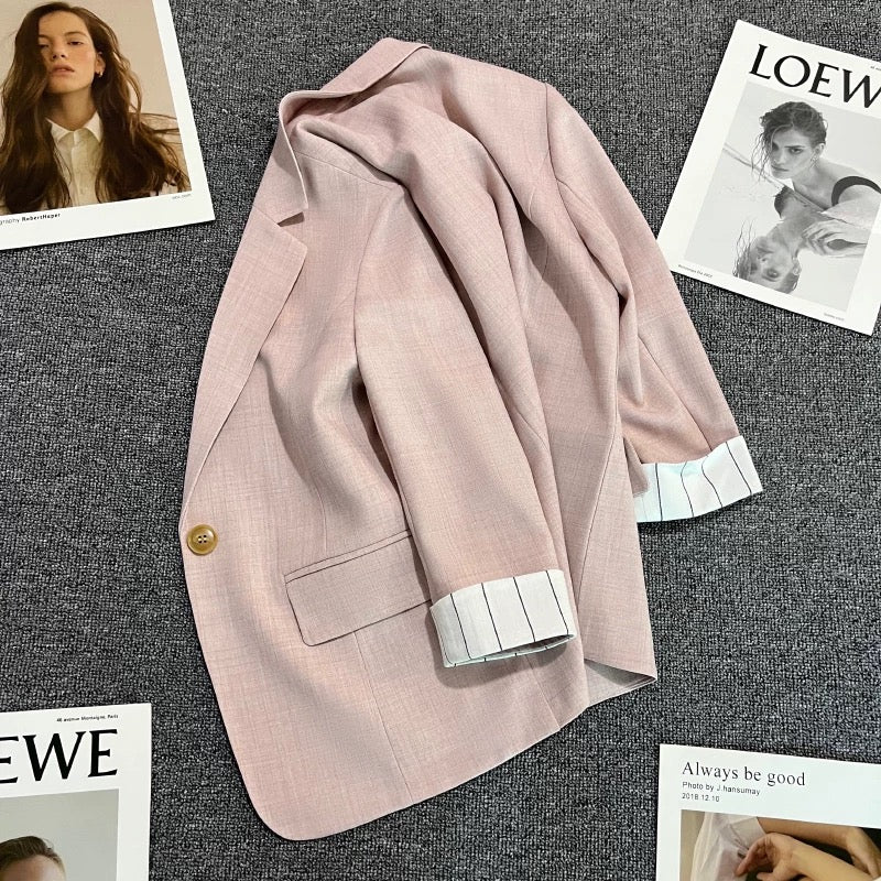 Light pink cuff striped suit jacket for women 2024 summer thin new casual one button niche suit