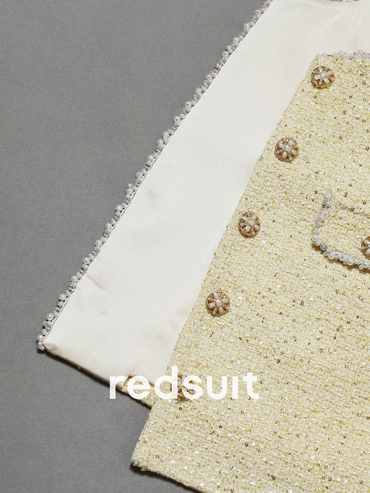 Redsuit Rich Girl Heavy Beading Design Yellow Chanel Style High-end Jacket Fashionable and Exquisite Top