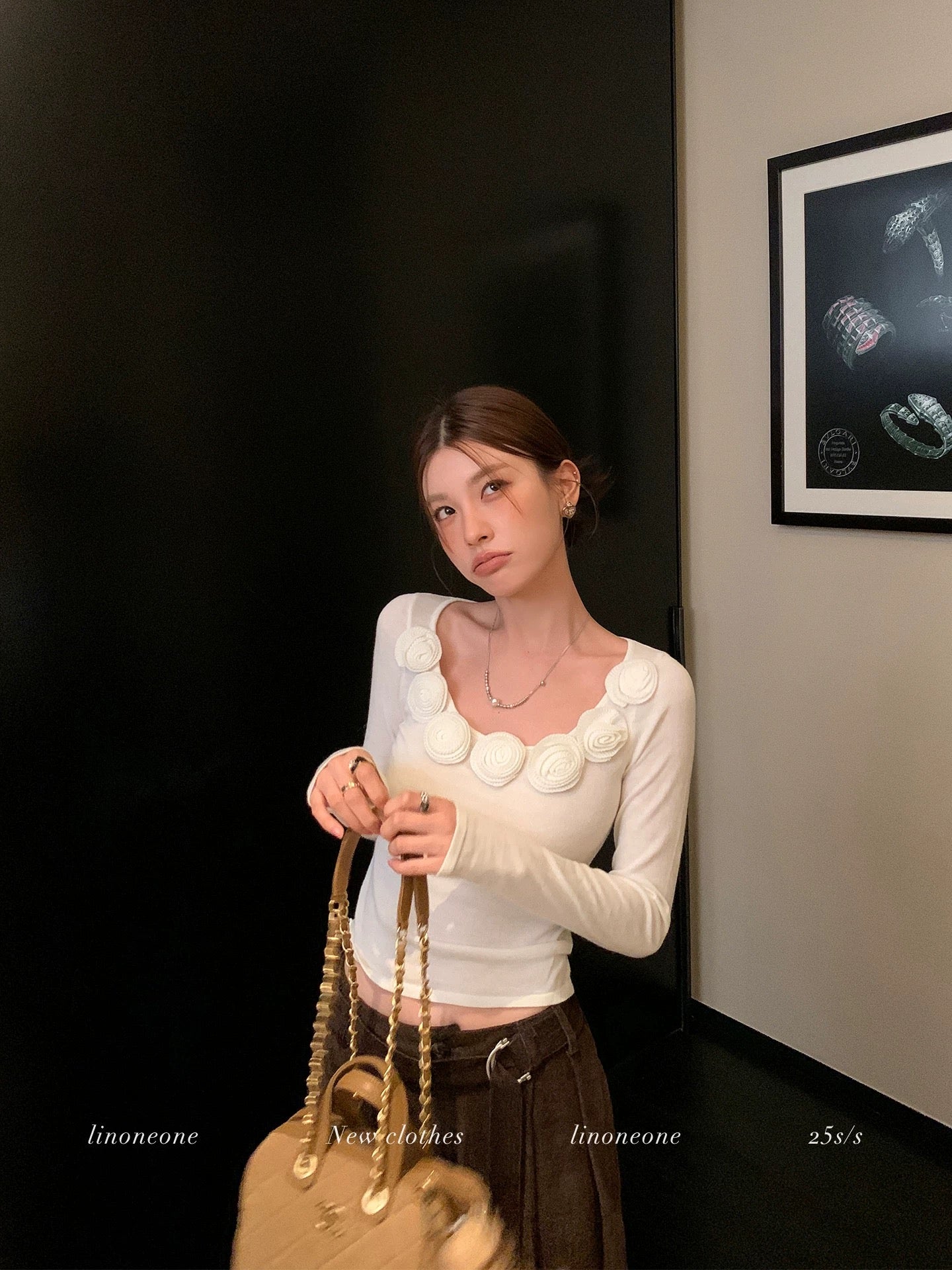 LINONEONE Amber Radiance French Style 3D Floral Slim Fit Round Neck Long Sleeve Knit T-Shirt