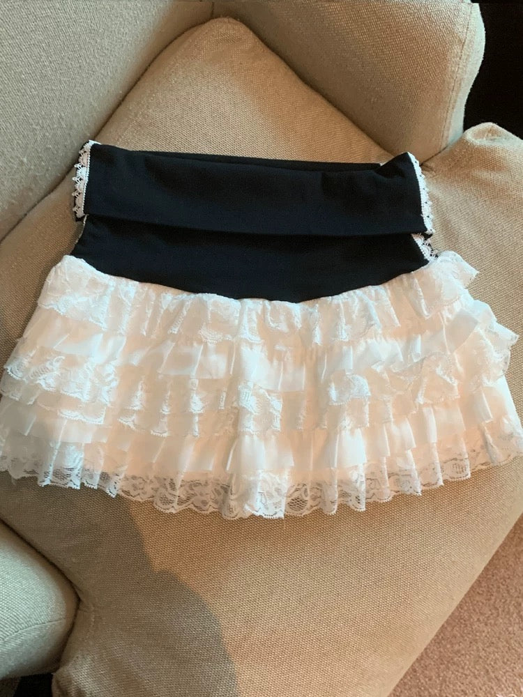 Jade Closet direct store recommendation ~ sweet style lace splicing contrast color high waist cake short skirt female summer