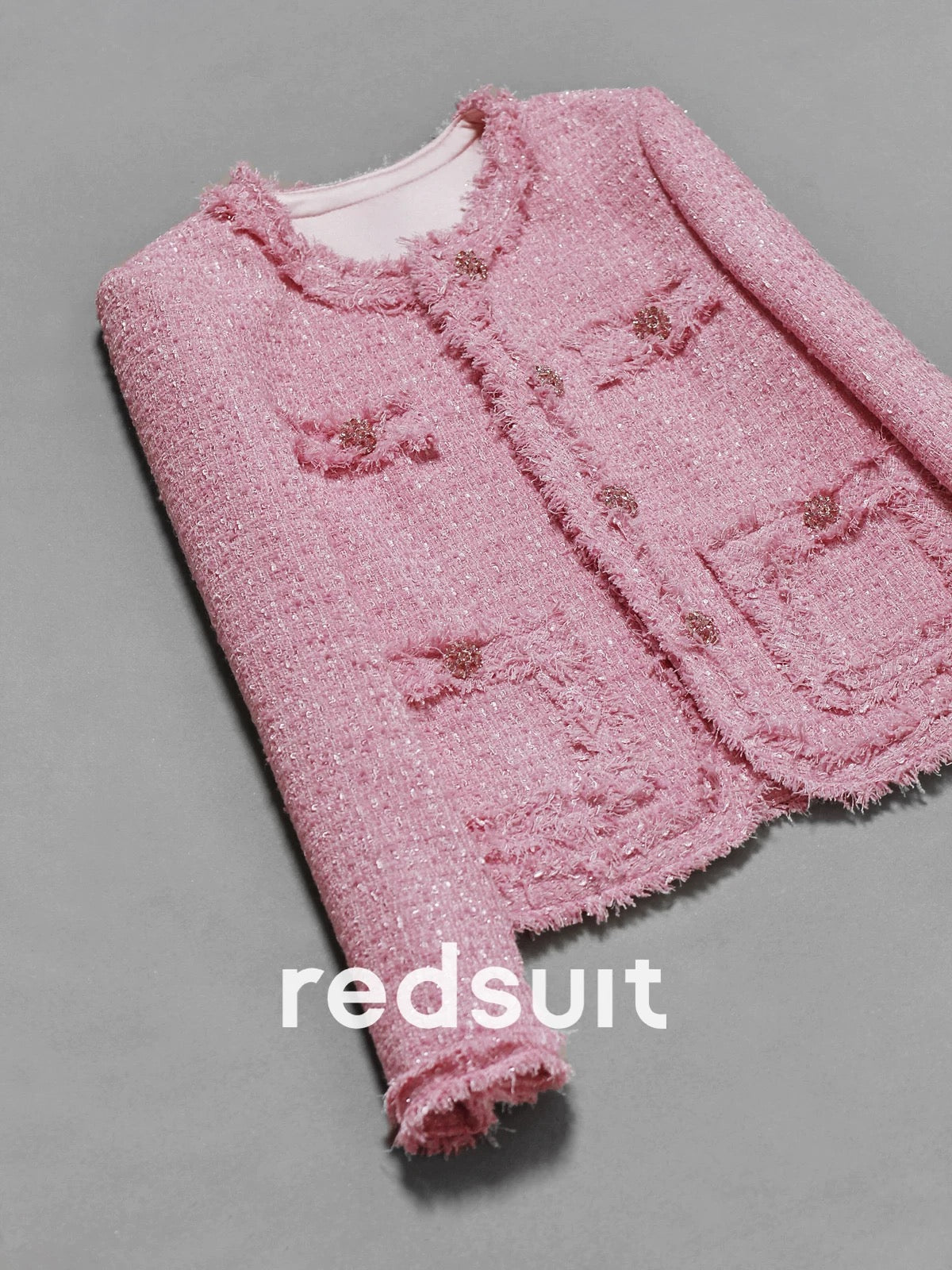 redsuit pink lady gentle and romantic tassel tweed small Chanel style jacket high-end round neck top