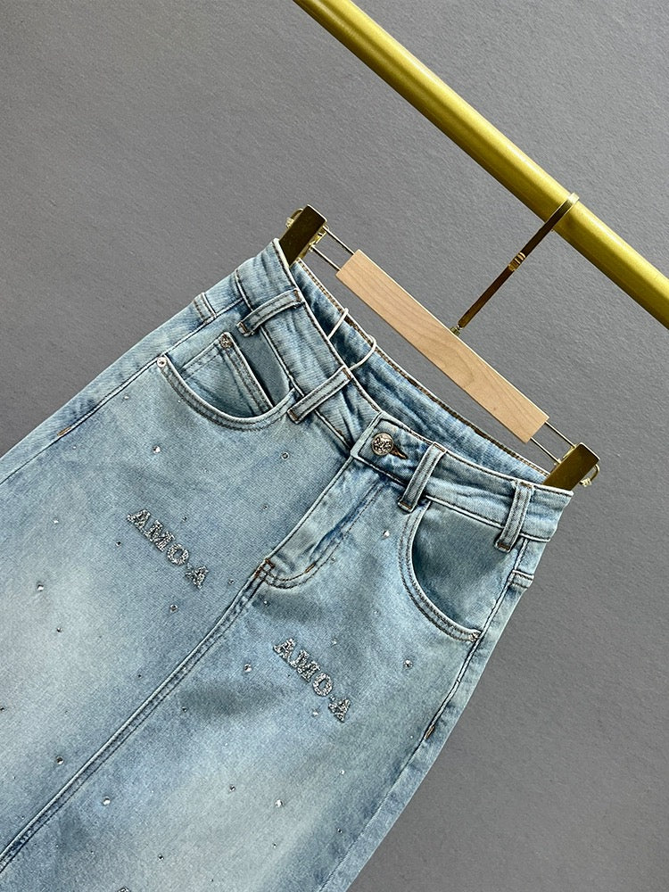 Slit denim skirt women's trendy 2024 new spring and summer high-waisted slim-fitting European hot diamond mid-length skirt