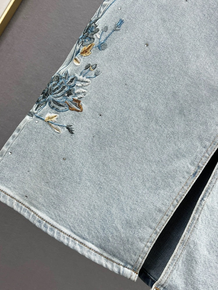 Slit denim skirt for women 2024 new spring and summer new style high waist ethnic style embroidered hot diamond mid-length skirt