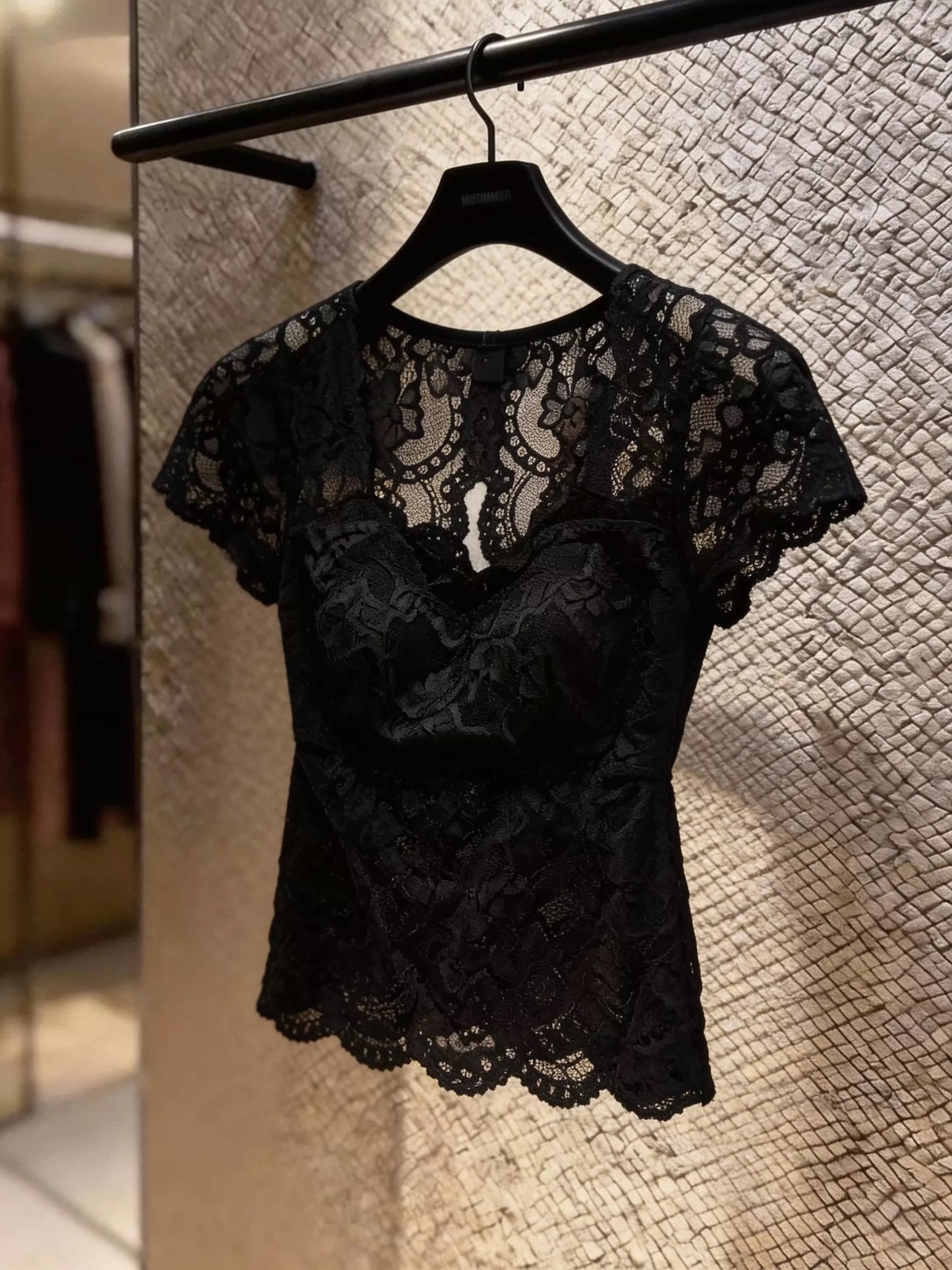 Guangzhou Shisanhang / Hangzhou Xinyifa High-End Women's Top: Lace, Square Neck, Short Sleeve, Open Back, Cut-Out Design