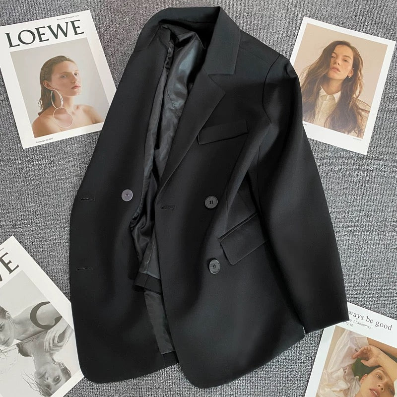 Black double-breasted suit jacket for women 2025 spring and autumn new style trend student design versatile slim suit