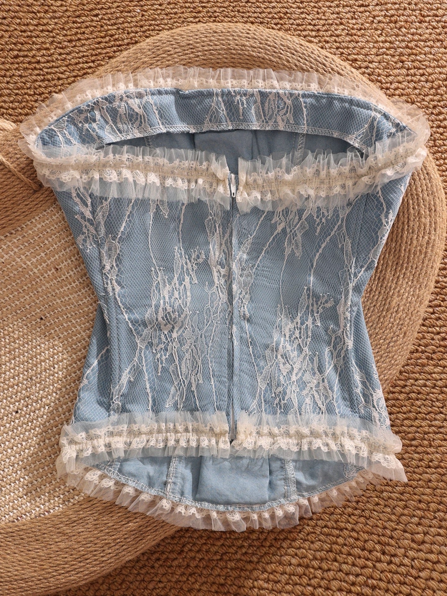 Lace fishbone corset for women, wearable as outerwear, fitted, waist-cinching, camisole, high-end, stylish, and sexy top.
