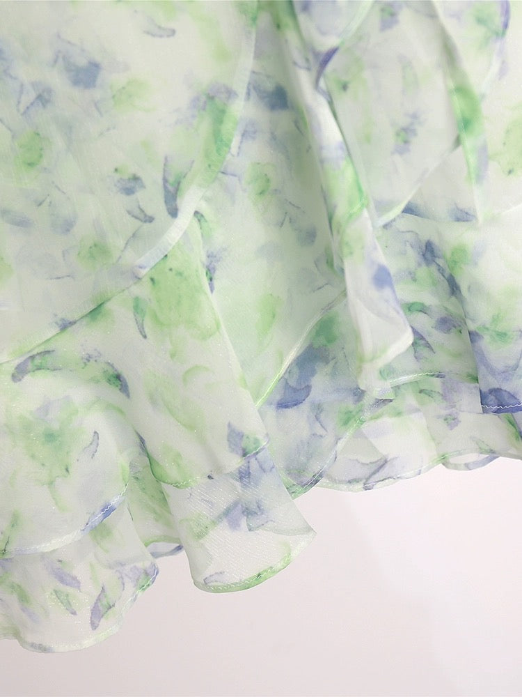 Chiffon floral dress 2024 new women's summer French style fresh temperament slim green skirt