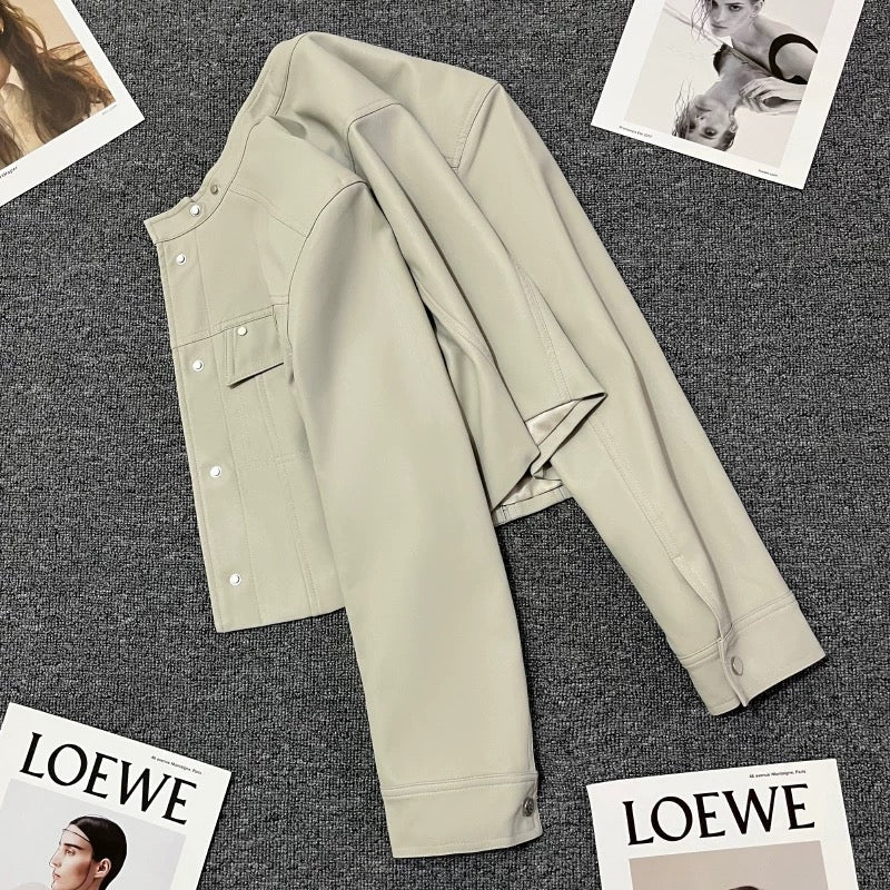 Beige short early autumn leather jacket for women in small size 2024 new high-end American style casual jacket