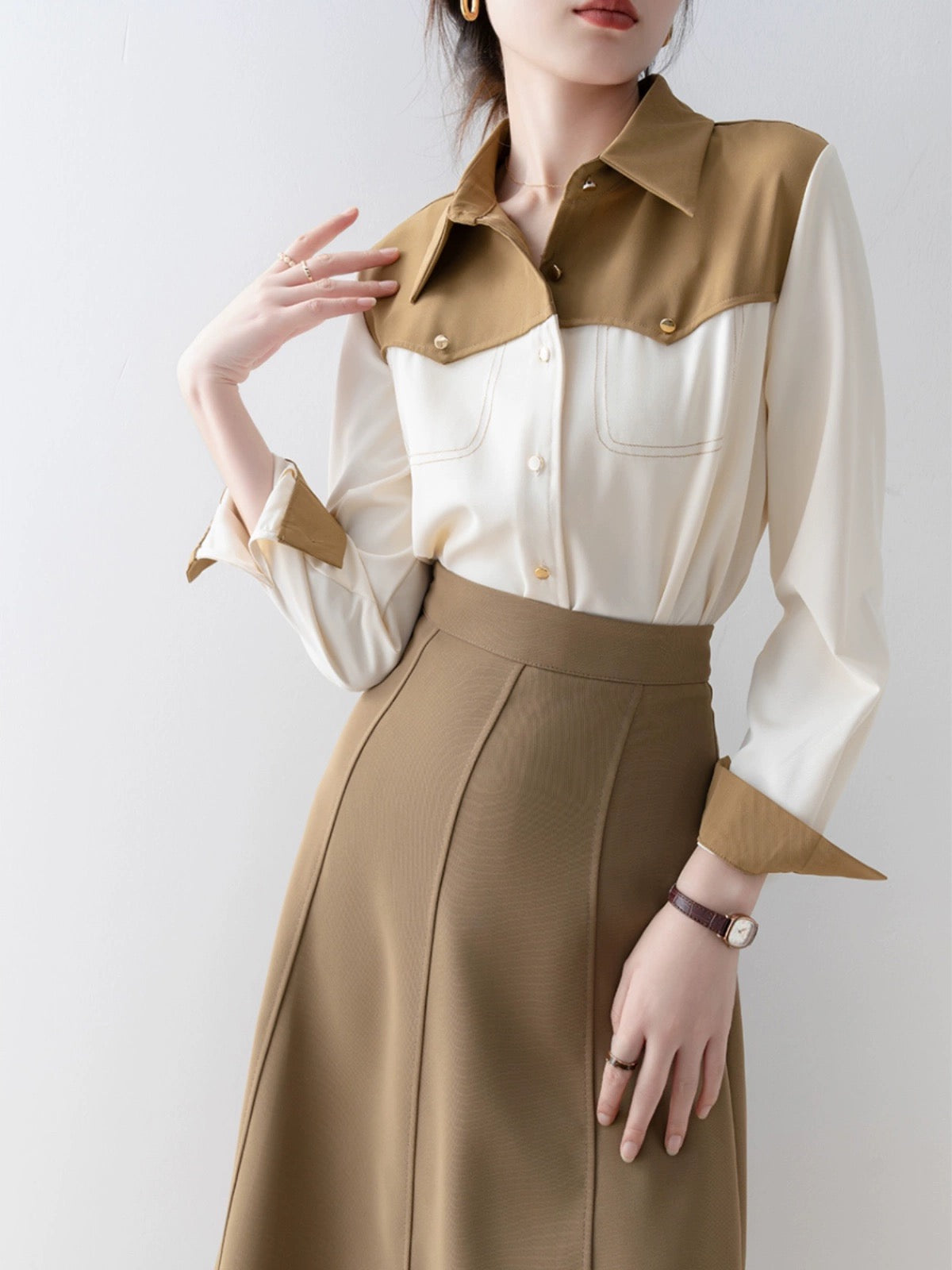 Contrast color stitching POLO collar shirt 2023 new autumn women's French shirt professional wear commuting long-sleeved shirt