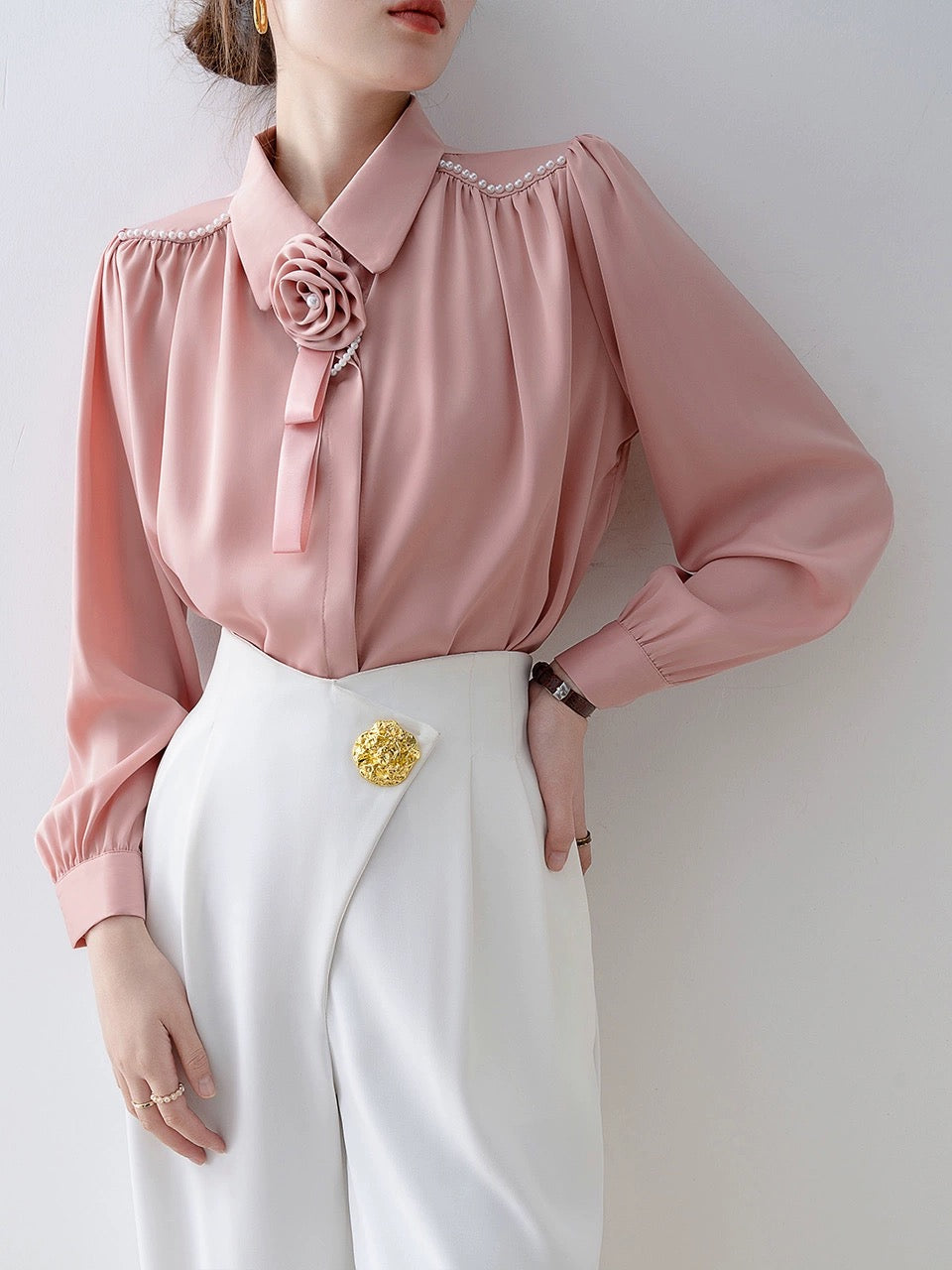 2024 early spring new pink polo collar shirt spring women's French niche shirt professional commuting top