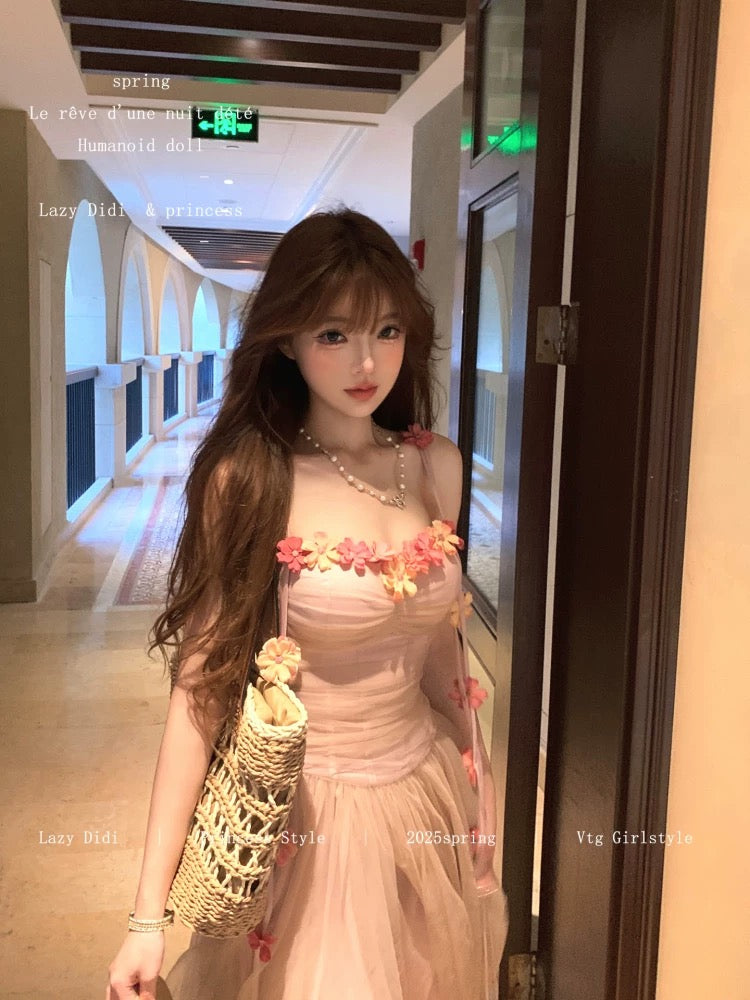 Lazy Didi Peach Gold Spring Rhythm Falling Rose Garden Long Tulle Skirt with Bra Pad Three-Dimensional Flower Suspender Fairy Skirt