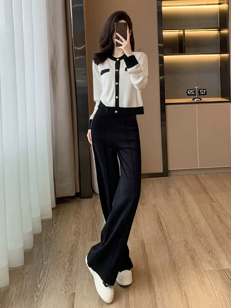 High-end knitted casual fashion suit for women in spring and autumn, slimming and age-reducing sports wide-leg pants two-piece set with western style