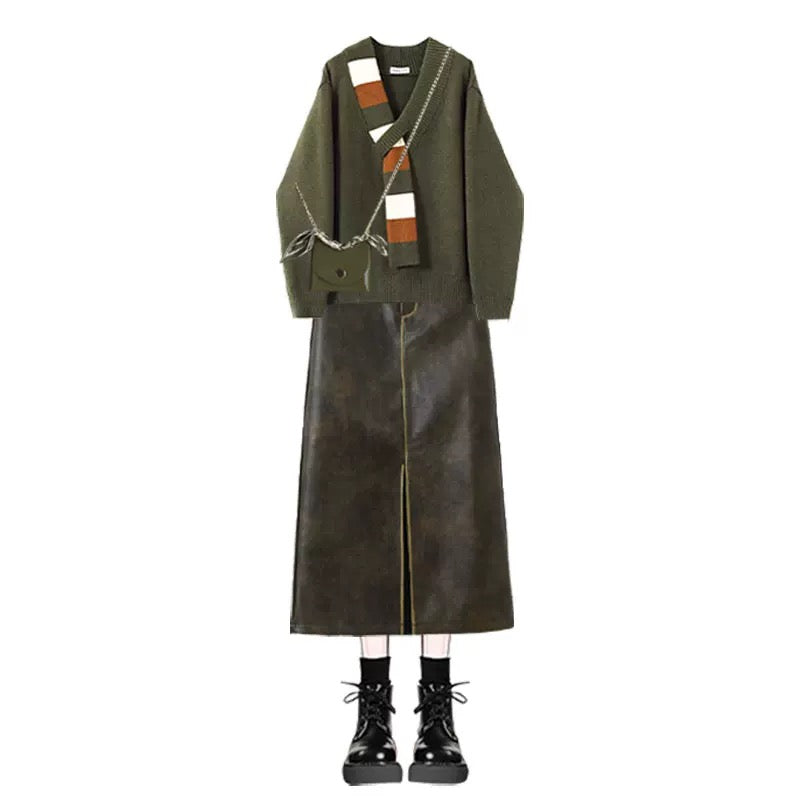 Fashionable new design loose coat lazy style knitted sweater top Hong Kong style hip skirt two-piece suit