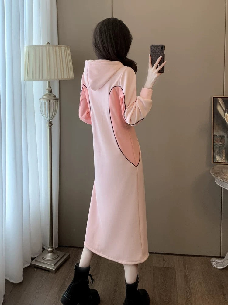 Pink unique hooded sweatshirt dress for women in autumn and winter, slim and elegant, super good-looking, inner bottoming skirt