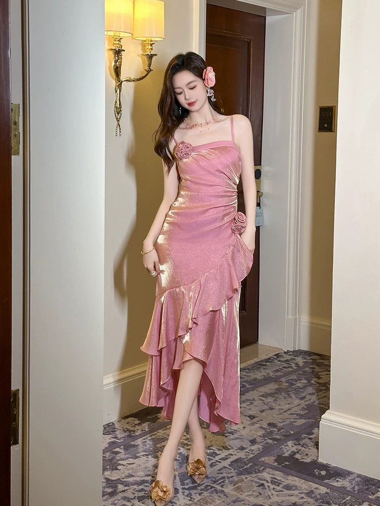 Pink sexy suspender skirt for women summer high-end niche ruffle dress beautiful unique irregular dress