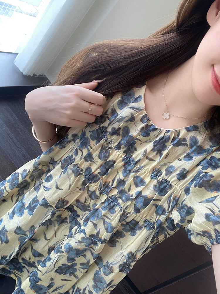 AMR UU French puff sleeves textured blue print white breathable ramie temperament small shirt women's tops Xia Xin