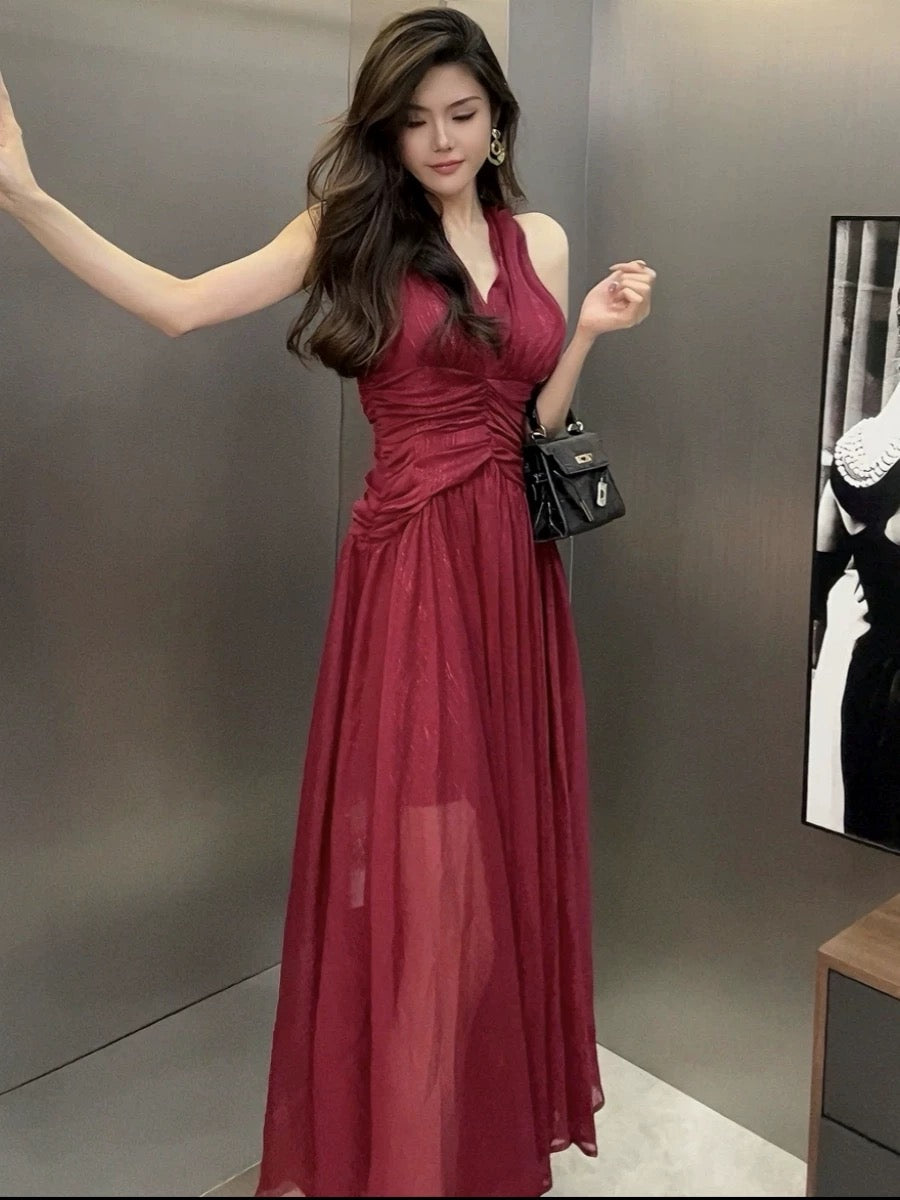 European station sexy v-neck sleeveless dress for women summer new design temperament waist pure lust dress long skirt