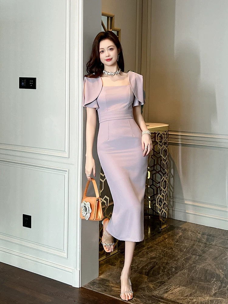Simple and Elegant Dress Women's 2024 Summer New Purple Dress Light Luxurious Waist Slimming Hip Skirt Long Skirt