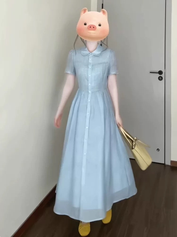 JIUYUEDI Late September Retro Peter Pan Collar Light Blue Dress, Artistic Beach Vacation Style, Slimming Mid-Length