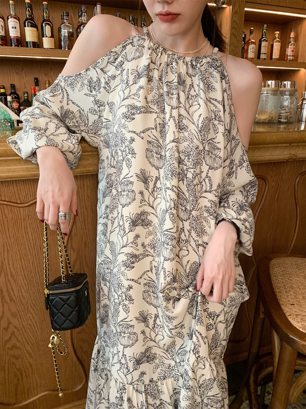 xxoossoo off-shoulder floral dress long skirt long sleeves gentle temperament seaside vacation European pastoral style skirt