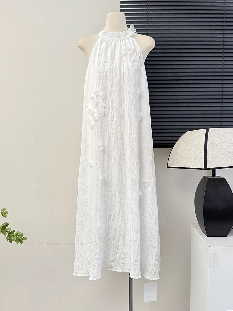 Pure desire style halter neck three-dimensional flower off-shoulder temperament dress female summer niche loose drape texture large swing skirt