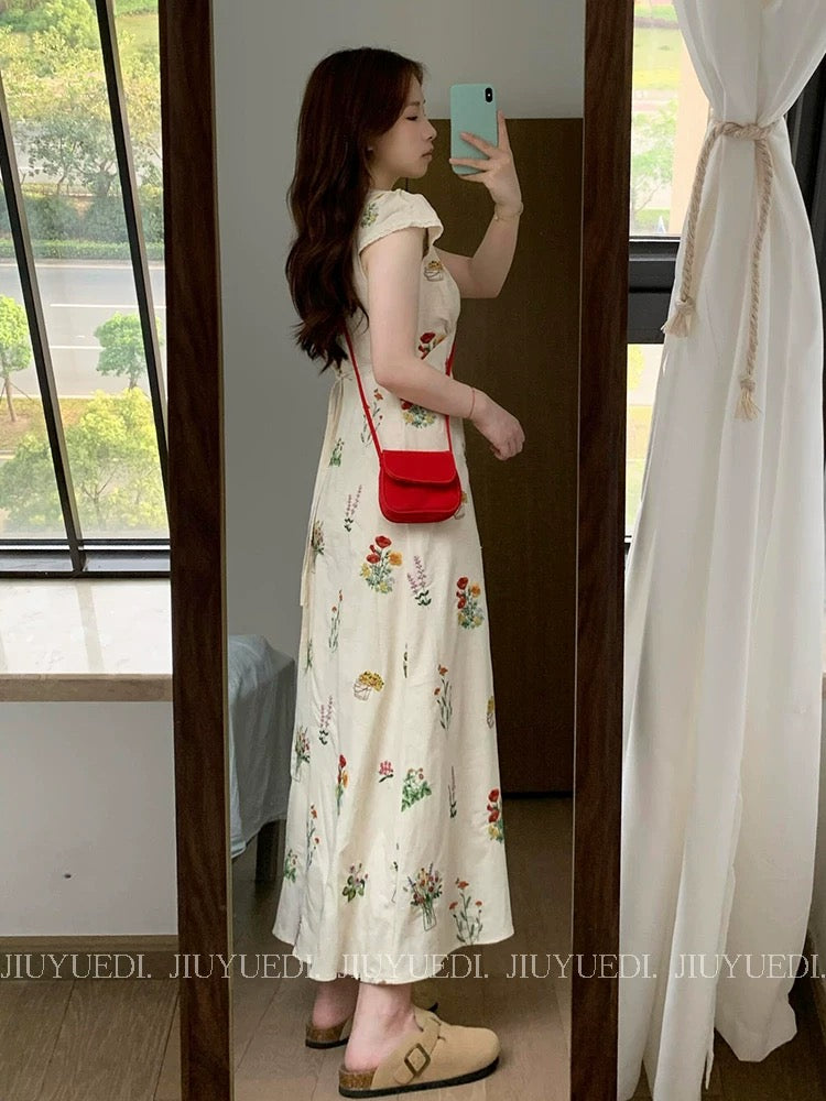JIUYUEDI Late September Korean Style Linen Floral V-Neck Short-Sleeve Floral Print Dress - A Stunning Summer Dress for Women