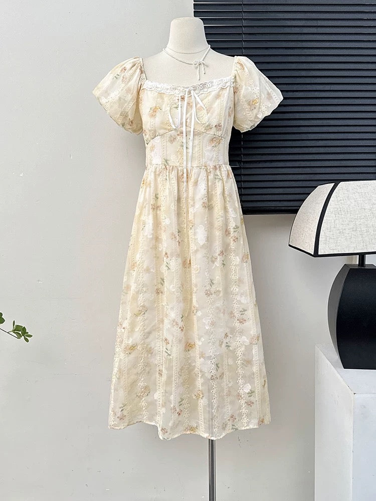Gentle style sweet floral puff sleeve dress for women summer niche design hollow embroidery loose big swing skirt