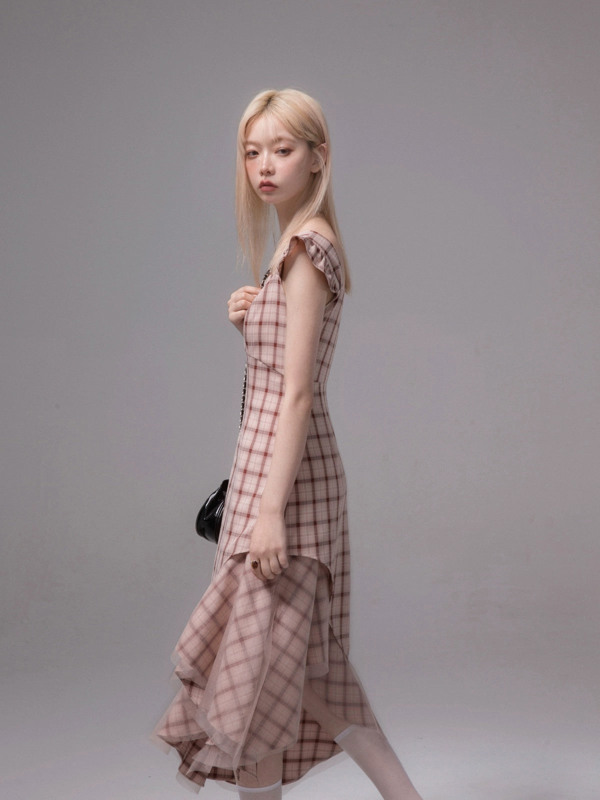COTRE rose bean paste artistic texture fishtail plaid irregular hem suspender dress