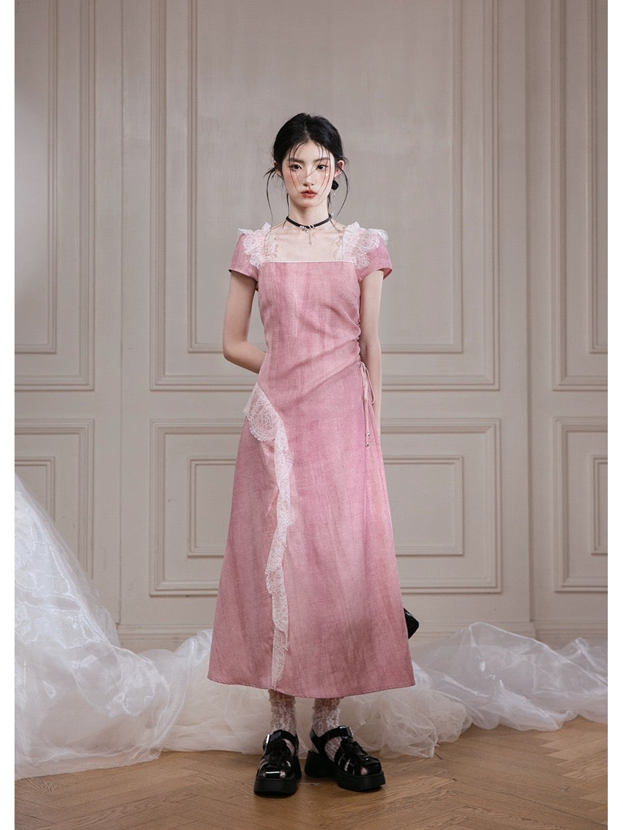 COTRE overflowing red mulberry tie-dye artistic plant-dyed lace suspender dress