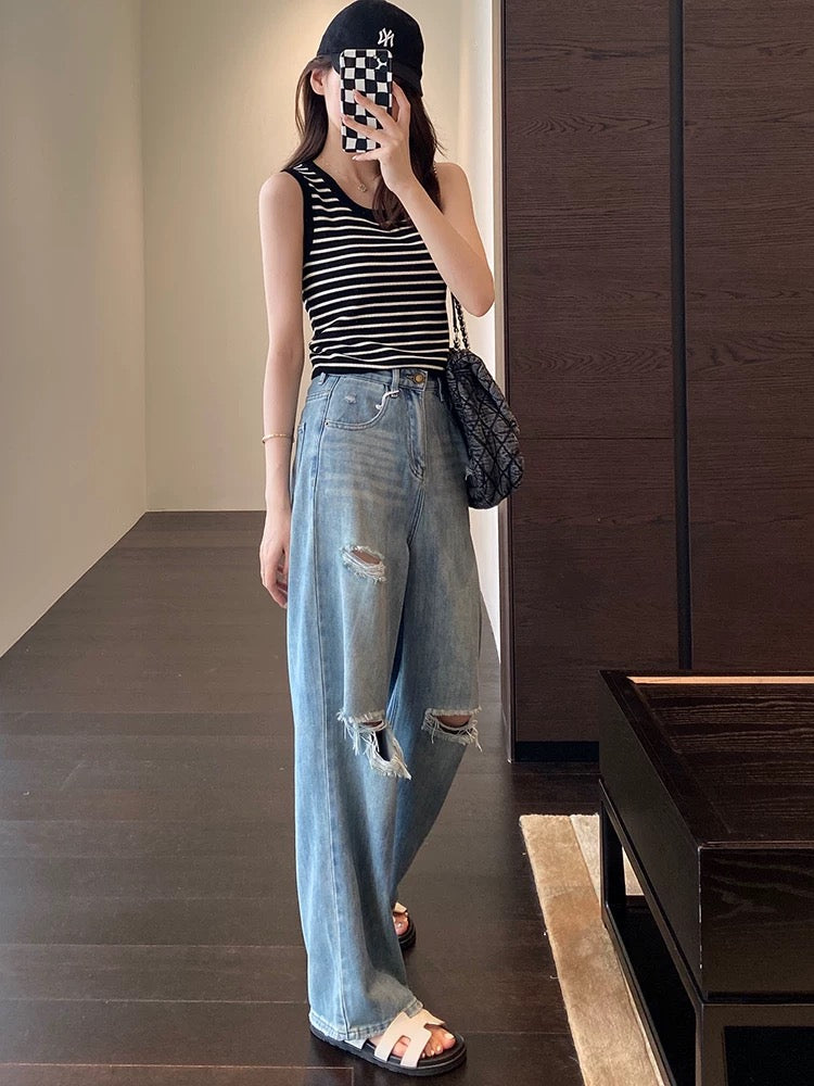 AMR UU◆Fashionable holes, long legs, high waist, narrow version, straight loose wide leg pants, women's jeans, new summer style