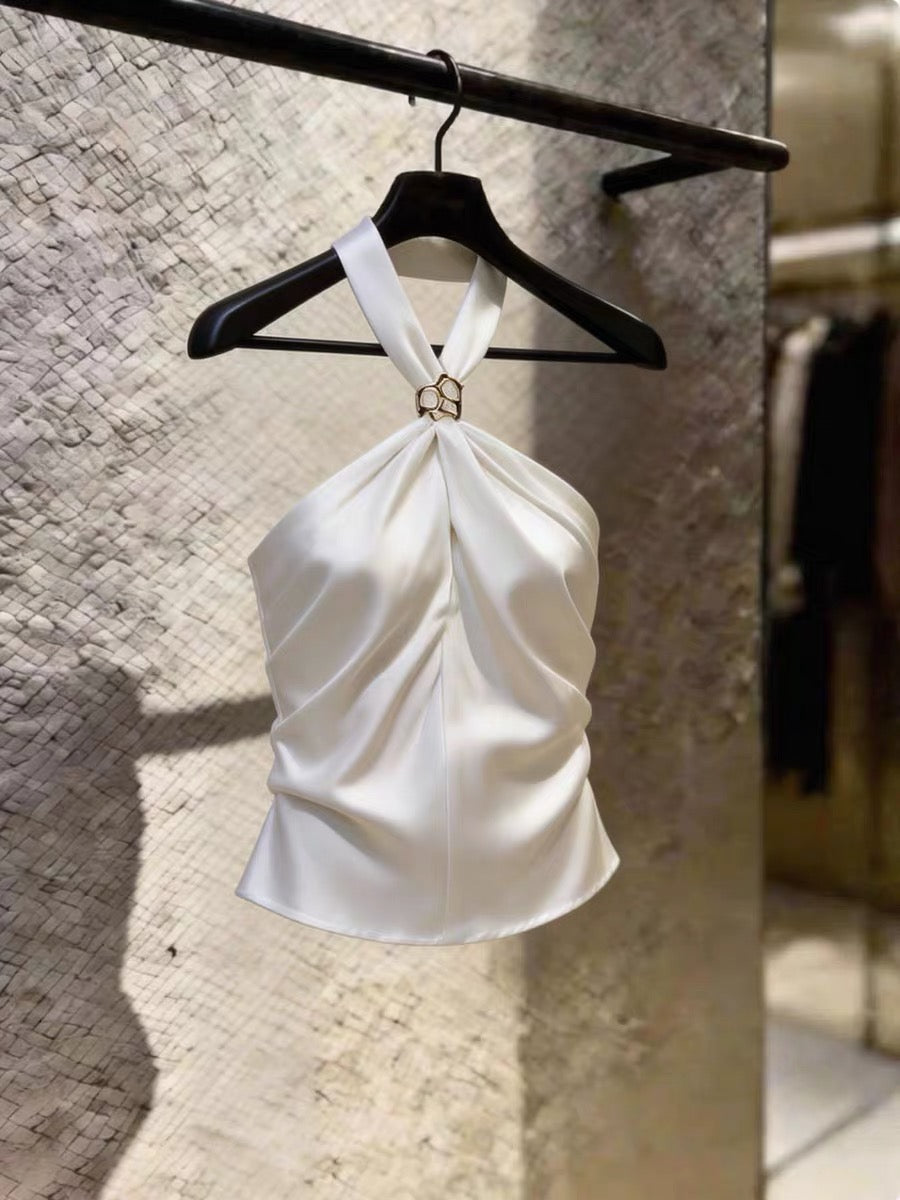 Korean-style chic halter-neck sleeveless top for women—a sexy, versatile, and trendy white camisole featuring a unique, innocent-yet-alluring aesthetic perfect for summer.