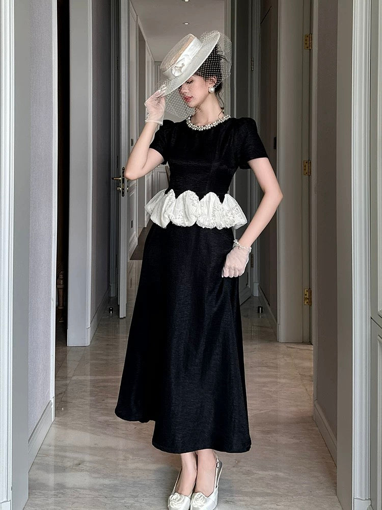 French retro splicing fake two-piece dress for women 2025 summer wear beaded round neck light luxury temperament long dress